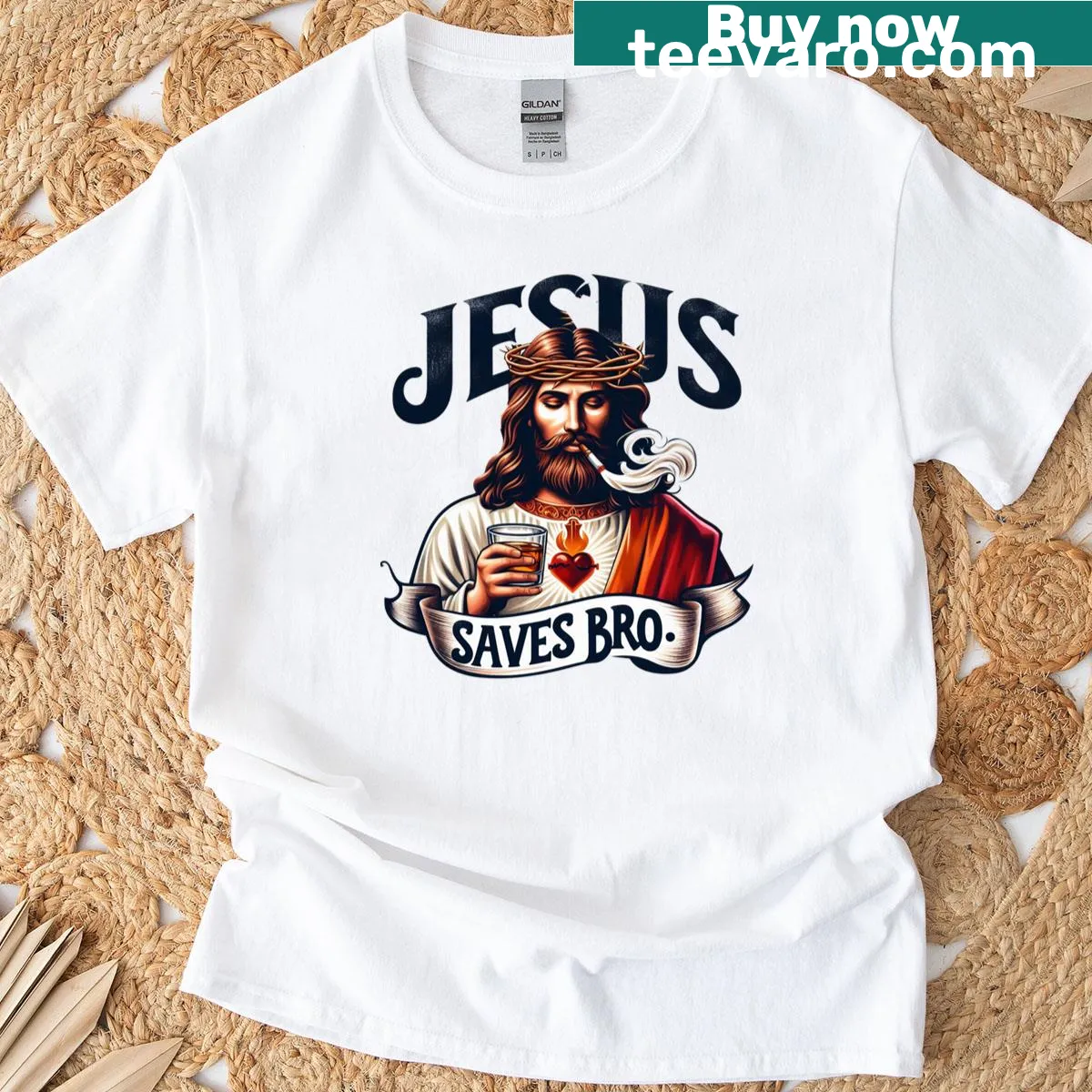 T-shirt with playful text 'Jesus Saves Bro' — on a men's t-shirt