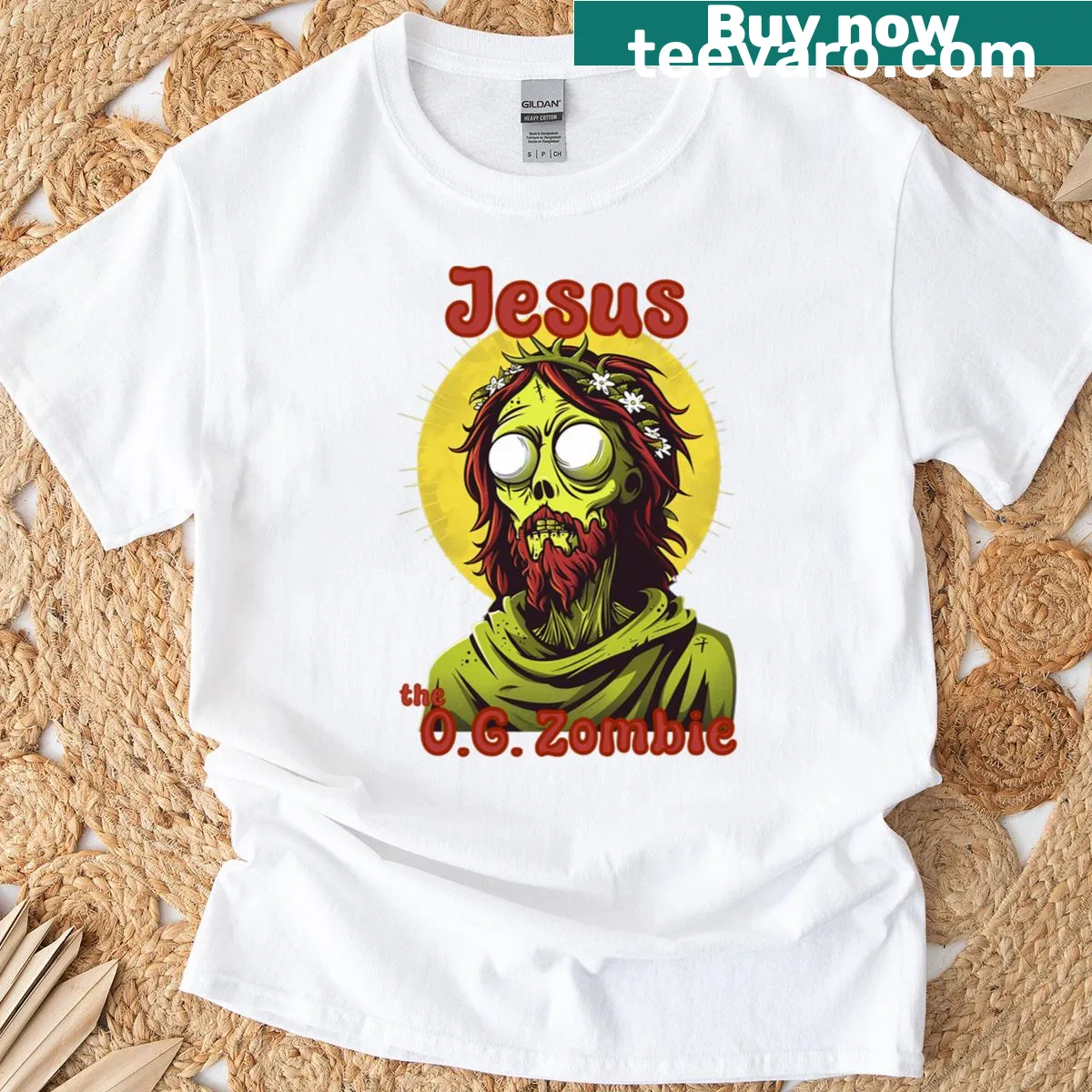 Edgy T-shirt with 'Jesus The OG Zombie' phrase and illustration — on a men's t-shirt
