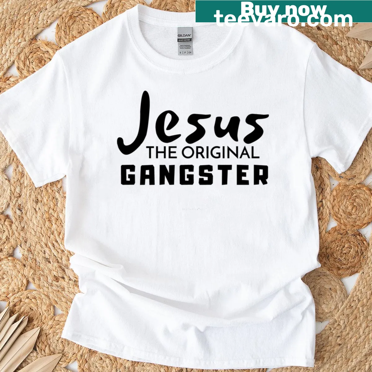 T-shirt with the phrase 'Jesus The Original Gangster' in bold typography — on a men's t-shirt