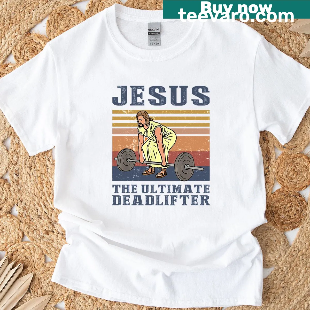 T-shirt with the phrase 'Jesus The Ultimate Deadlifter' in strong typography — on a men's t-shirt