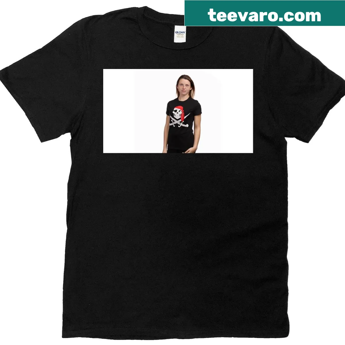 Pirate flag and skull graphic T-shirt for ladies — on a men's t-shirt