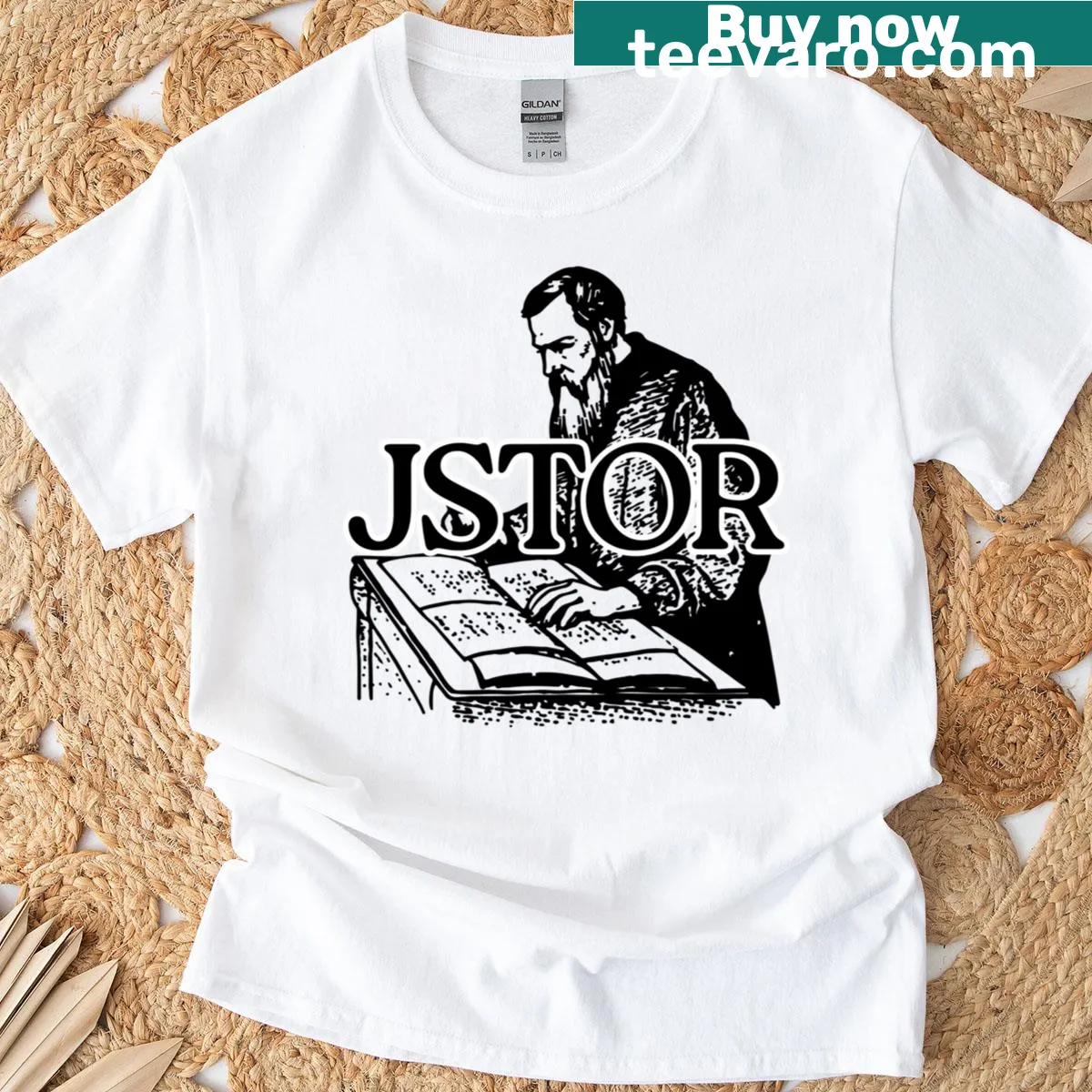 Minimalist Jstor outline logo graphic t-shirt for students — on a men's t-shirt