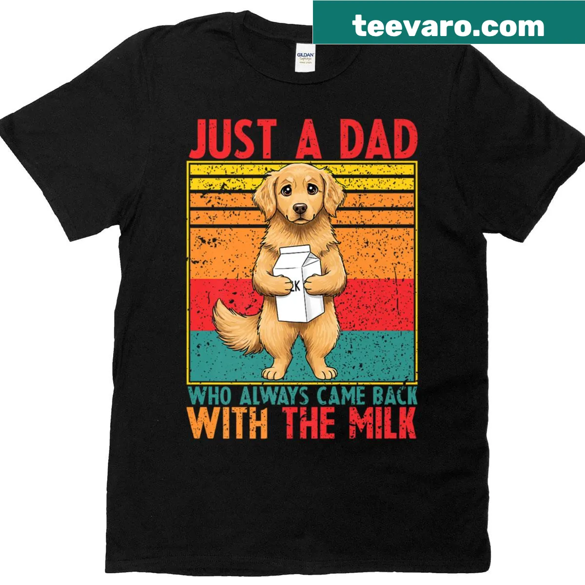 Dog-themed T-shirt with text about a dad coming back with milk — on a men's t-shirt