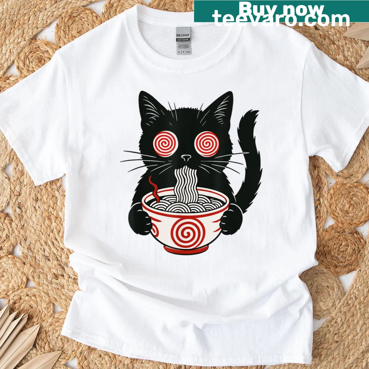 Cute cartoon T-shirt featuring a kawaii cat eating ramen — on a men's t-shirt