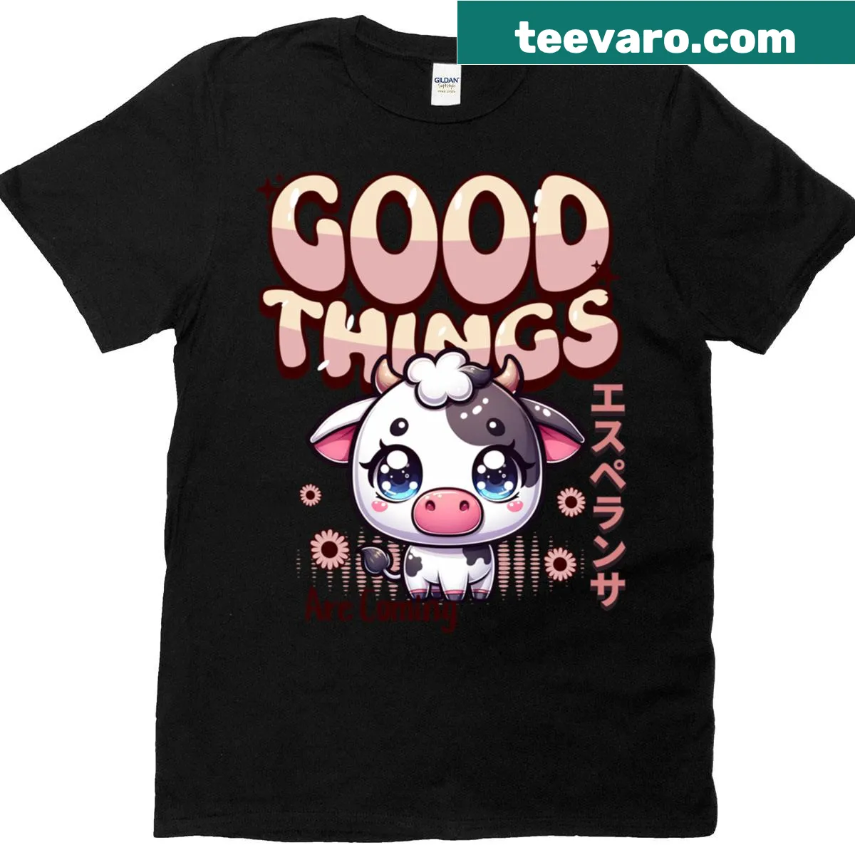 Cute Kawaii cow graphic T-shirt for kids with hopeful message — on a men's t-shirt