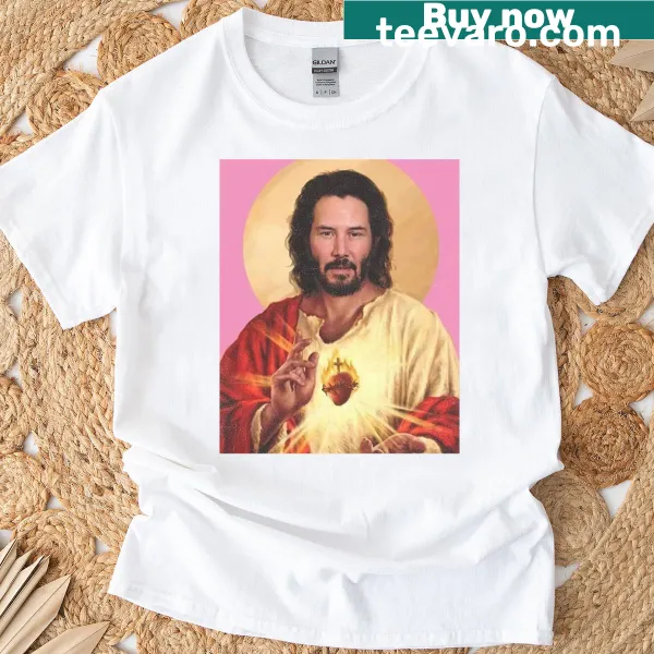 Typography T-shirt featuring Keanu Reeves with a religious theme