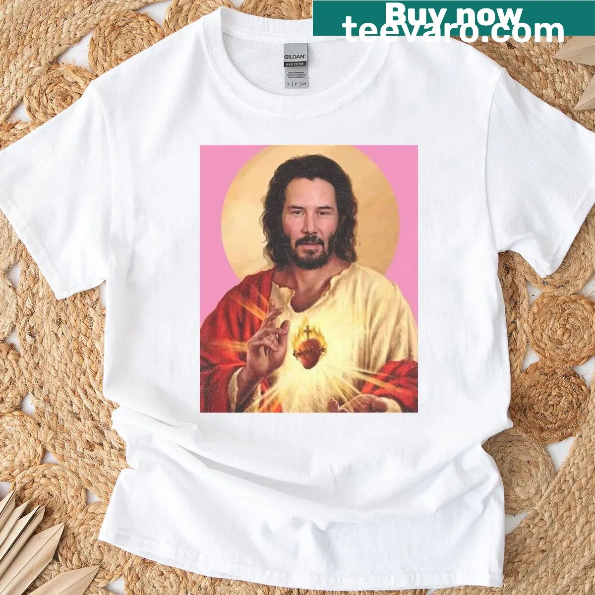 Typography T-shirt featuring Keanu Reeves with a religious theme — on a men's t-shirt