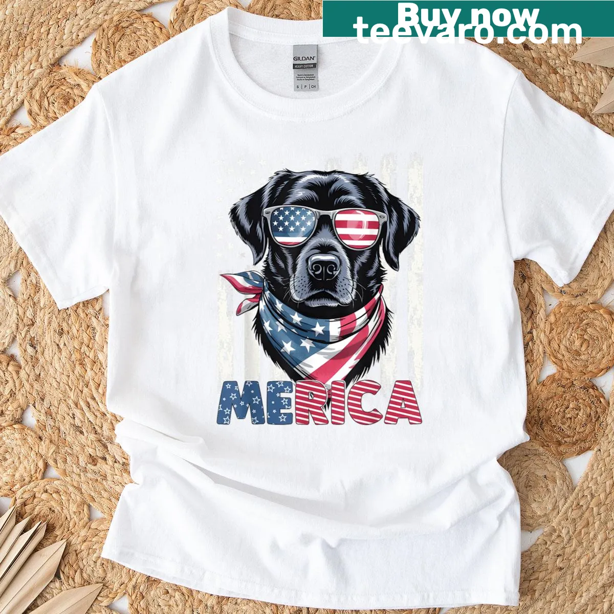 Patriotic t-shirt featuring a Labrador Retriever and the USA flag — on a men's t-shirt