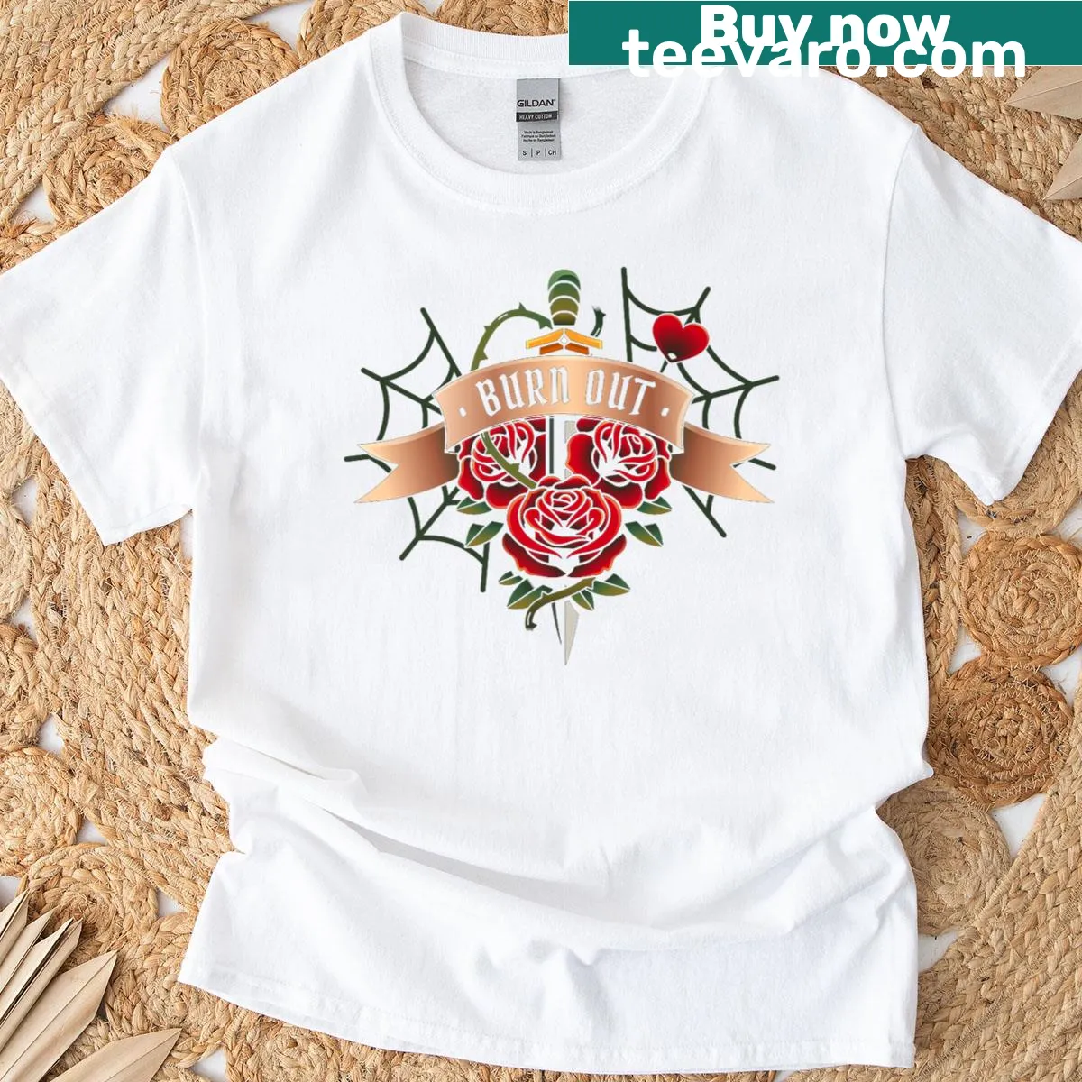 Biker t-shirt featuring an intricate rose tattoo motif — on a men's t-shirt