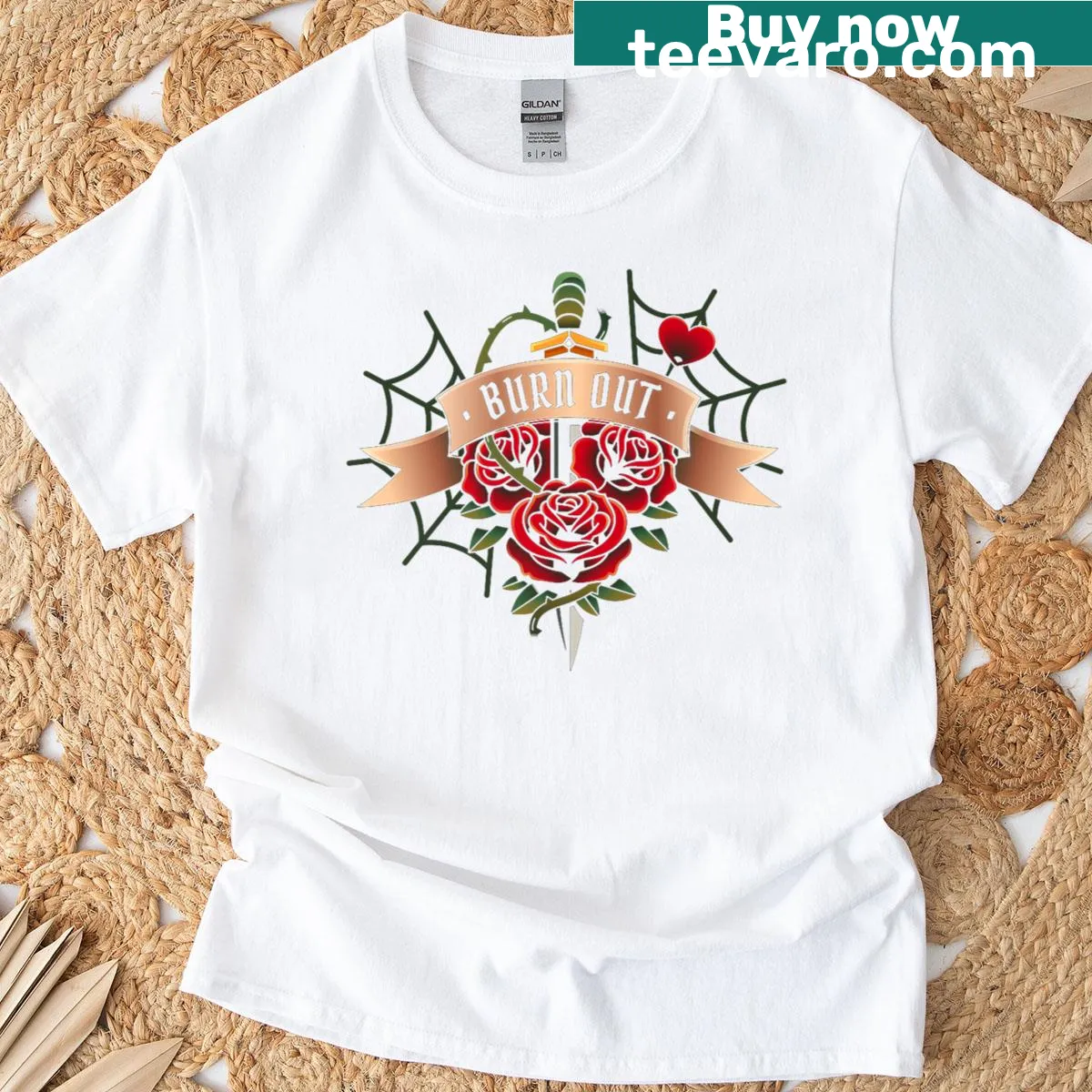 Biker T-shirt featuring an intricate rose tattoo design — on a men's t-shirt