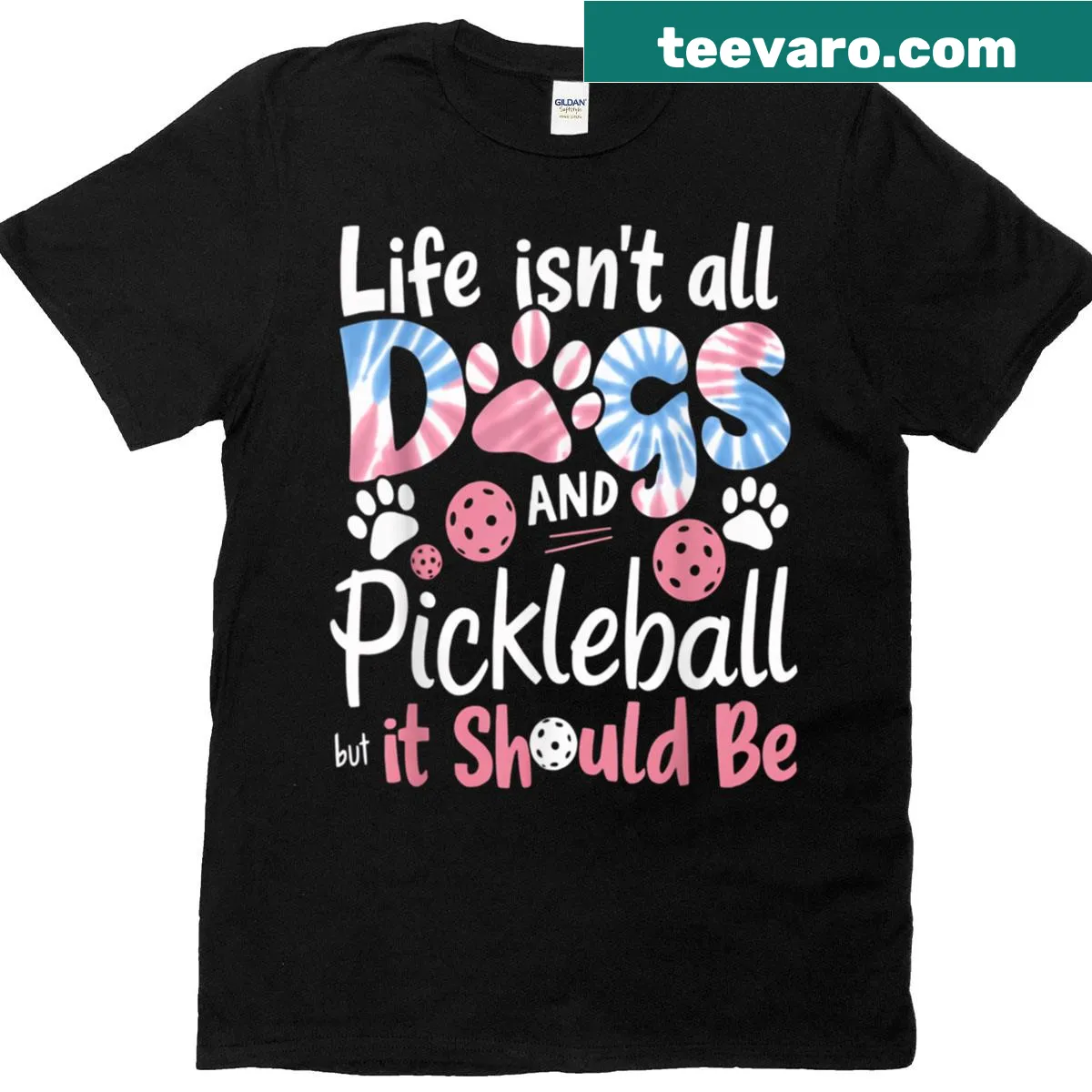 Artistic T-shirt featuring humorous text about dogs and pickleball — on a men's t-shirt