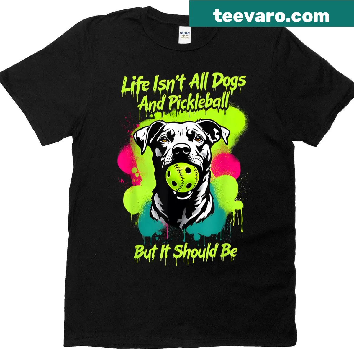 Grunge T-shirt with playful text about life and dogs and pickleball — on a men's t-shirt