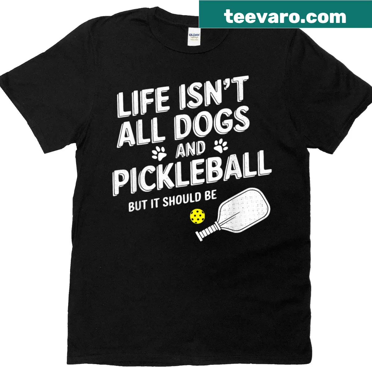 T-shirt blending dogs and pickleball themes — on a men's t-shirt