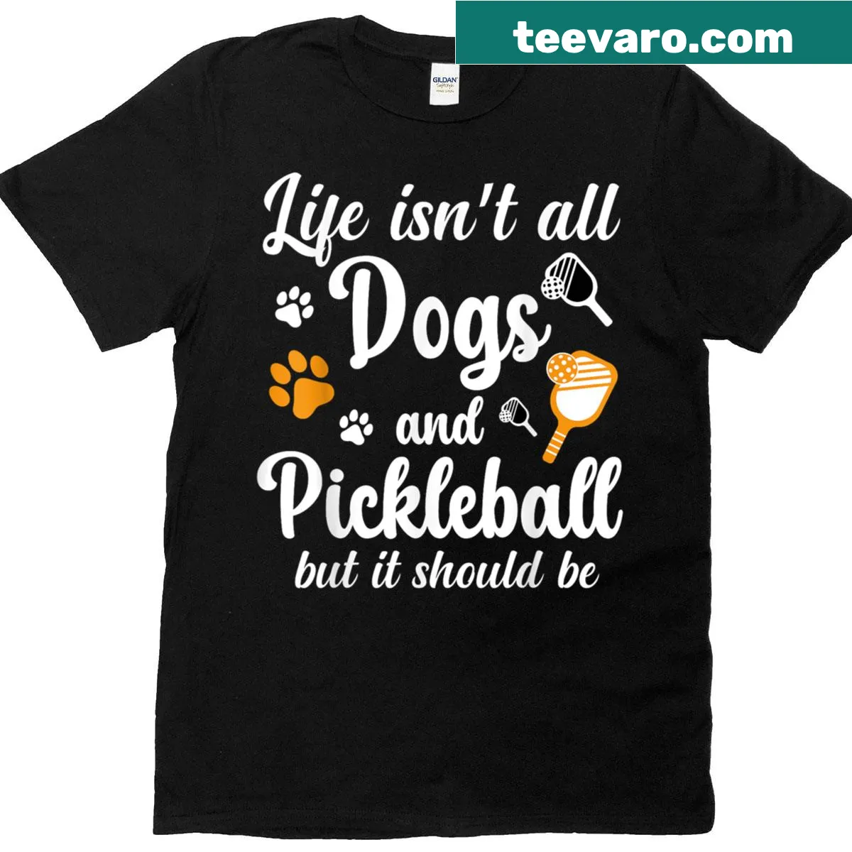 Humorous typography T-shirt stating life isn't all dogs and pickleball for dog lovers — on a men's t-shirt