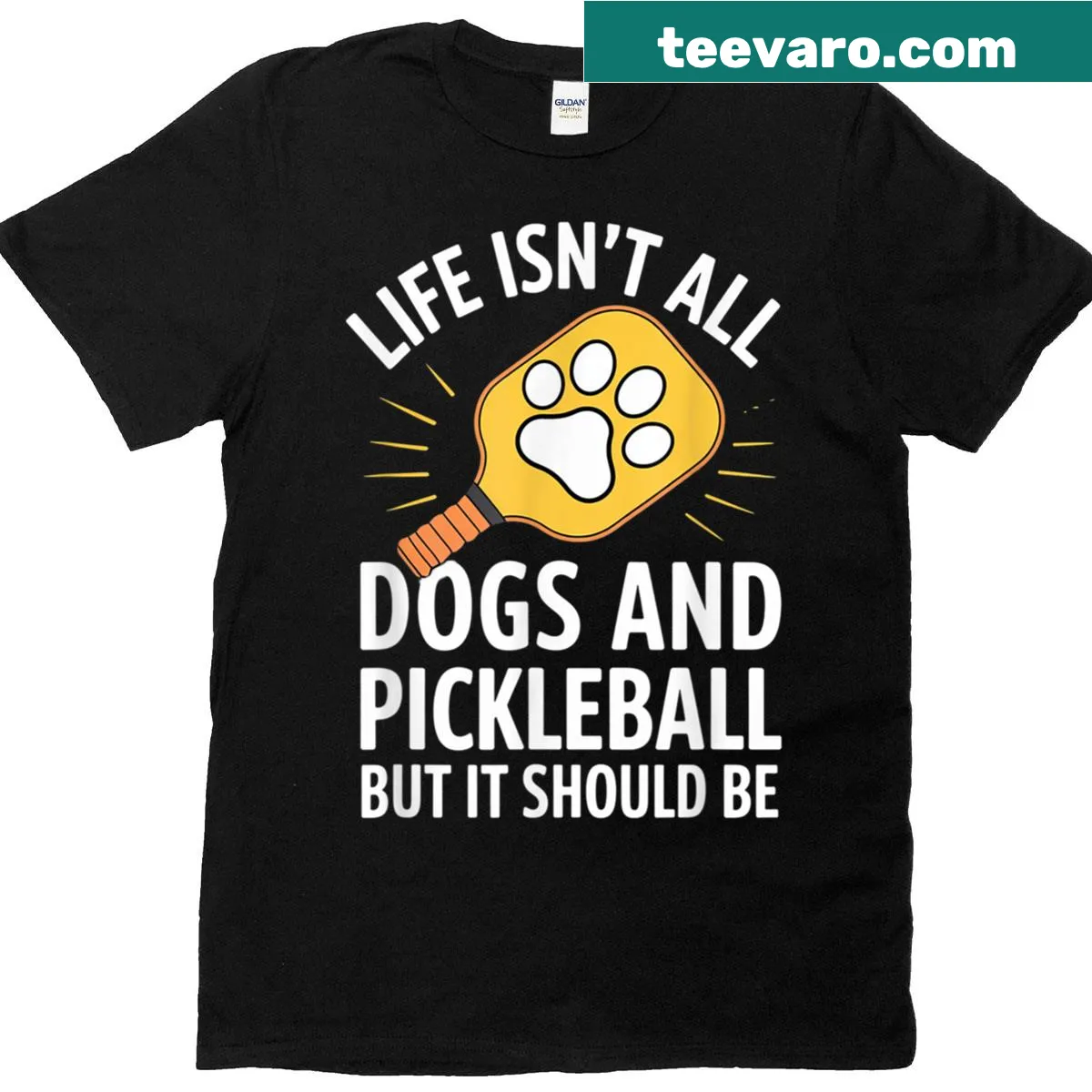 Humorous t-shirt with the phrase about life, pickleball, and dogs — on a men's t-shirt