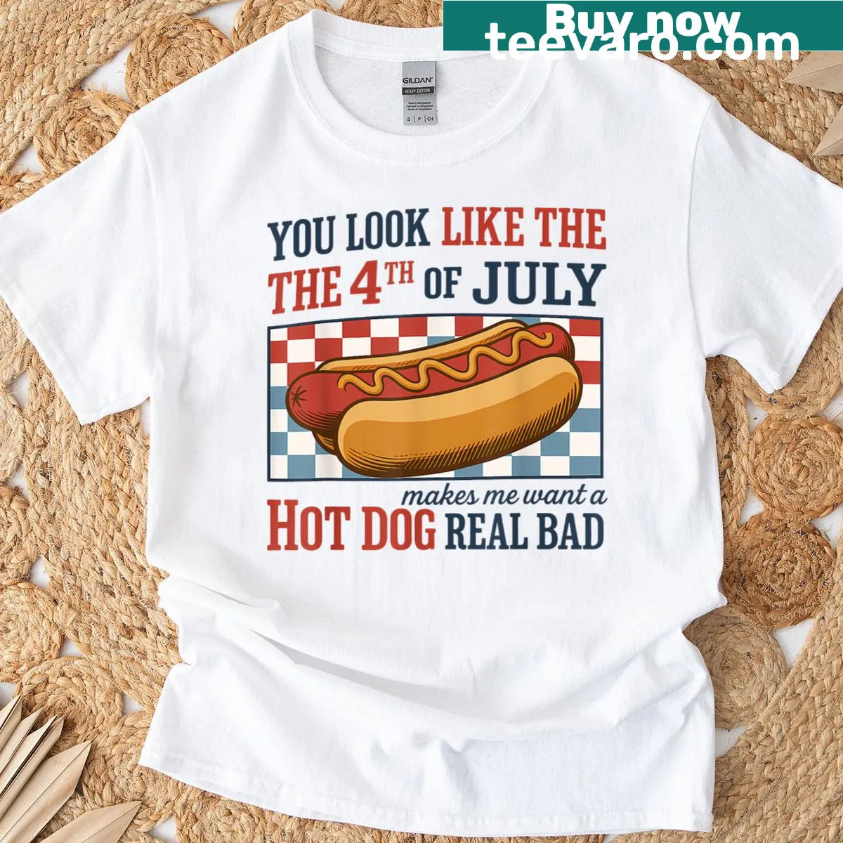 Fourth of July hot dog slogan T-shirt design — on a men's t-shirt