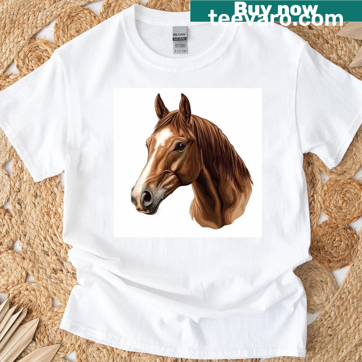 Stylized horse head graphic T-shirt design — on a men's t-shirt