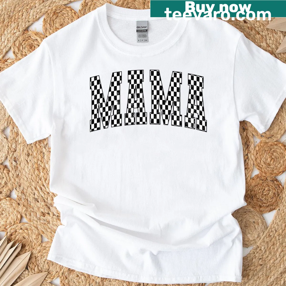 Checkered new mom-themed T-shirt with loving message — on a men's t-shirt