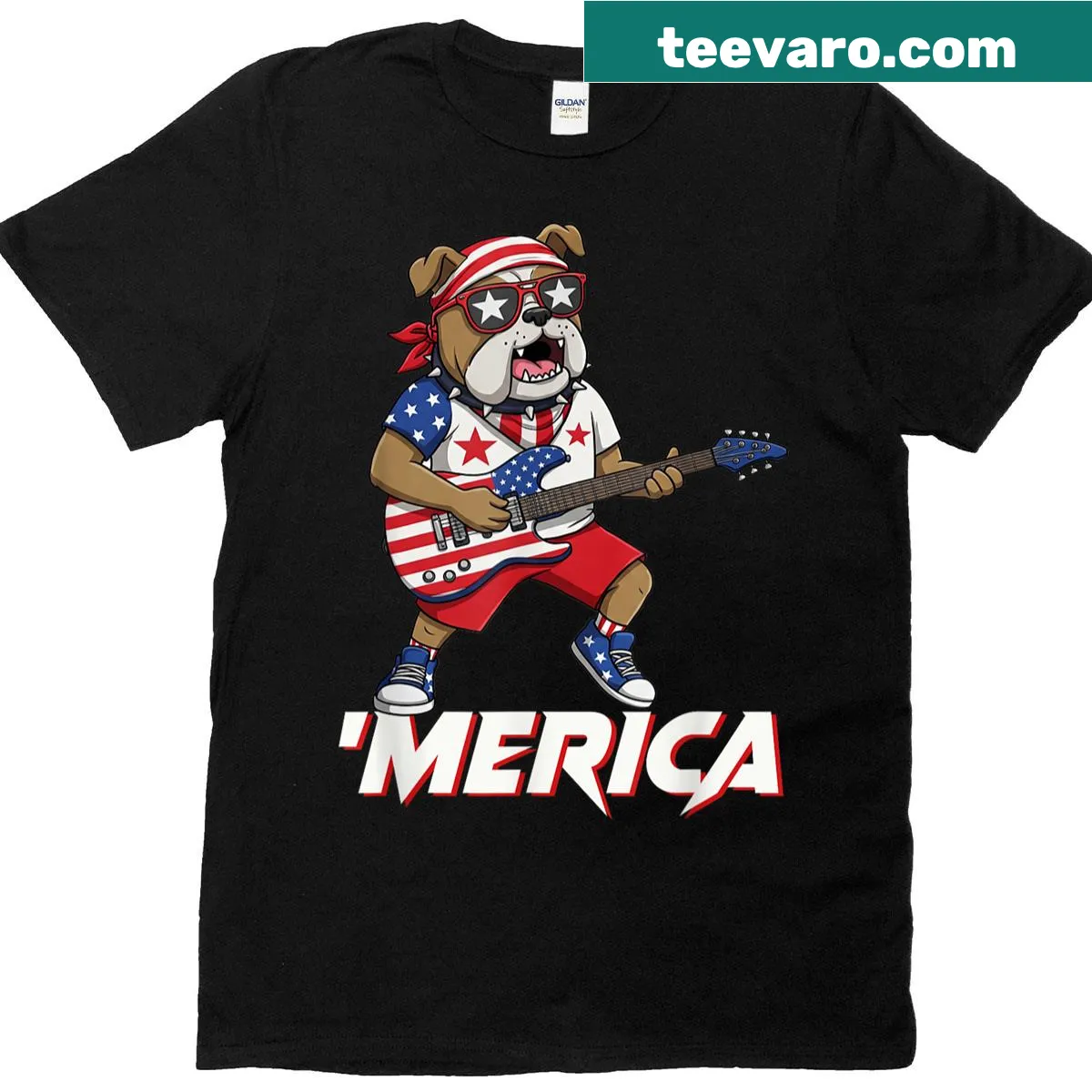 Cartoon bulldog playing guitar for a patriotic vibe — on a men's t-shirt