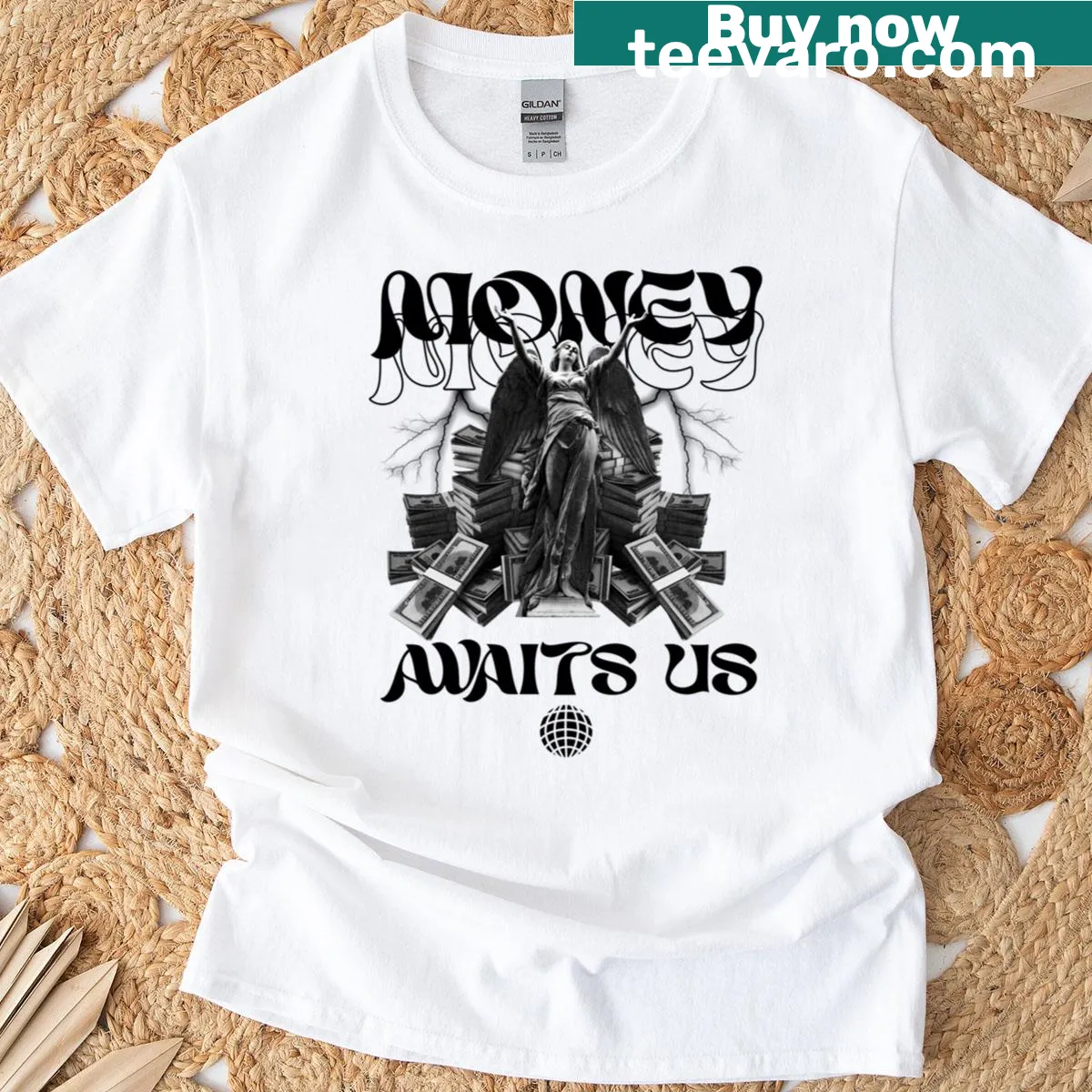 Inspirational t-shirt with 'Money Await Us' text design for ambition. — on a men's t-shirt