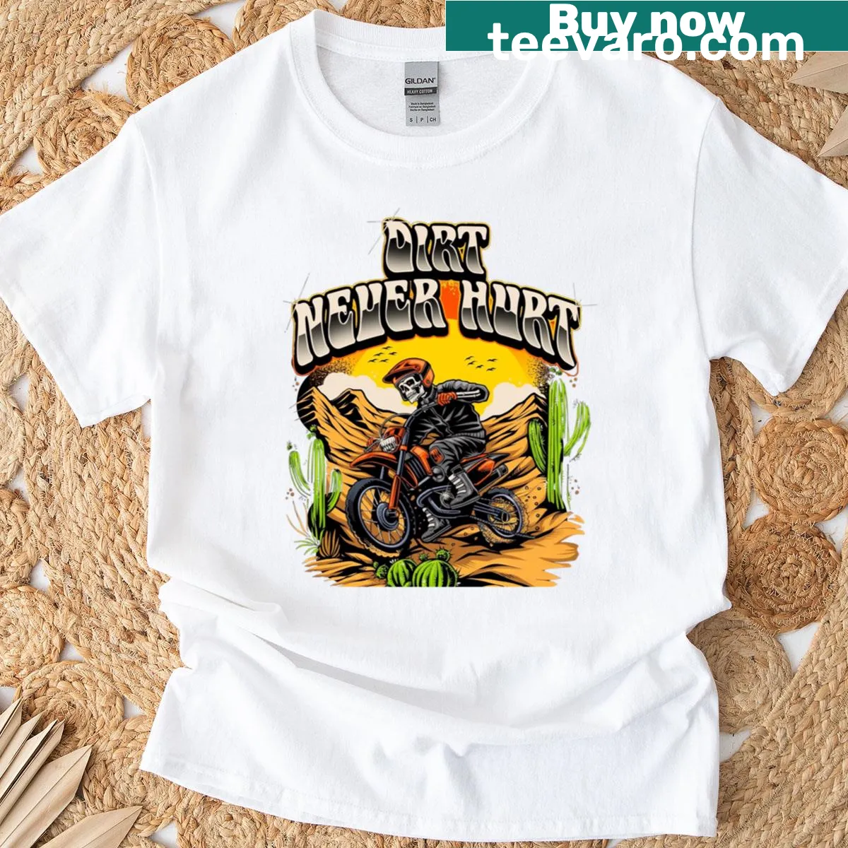 Illustration of motocross racing with the phrase 'Dirt Never Hurt' — on a men's t-shirt