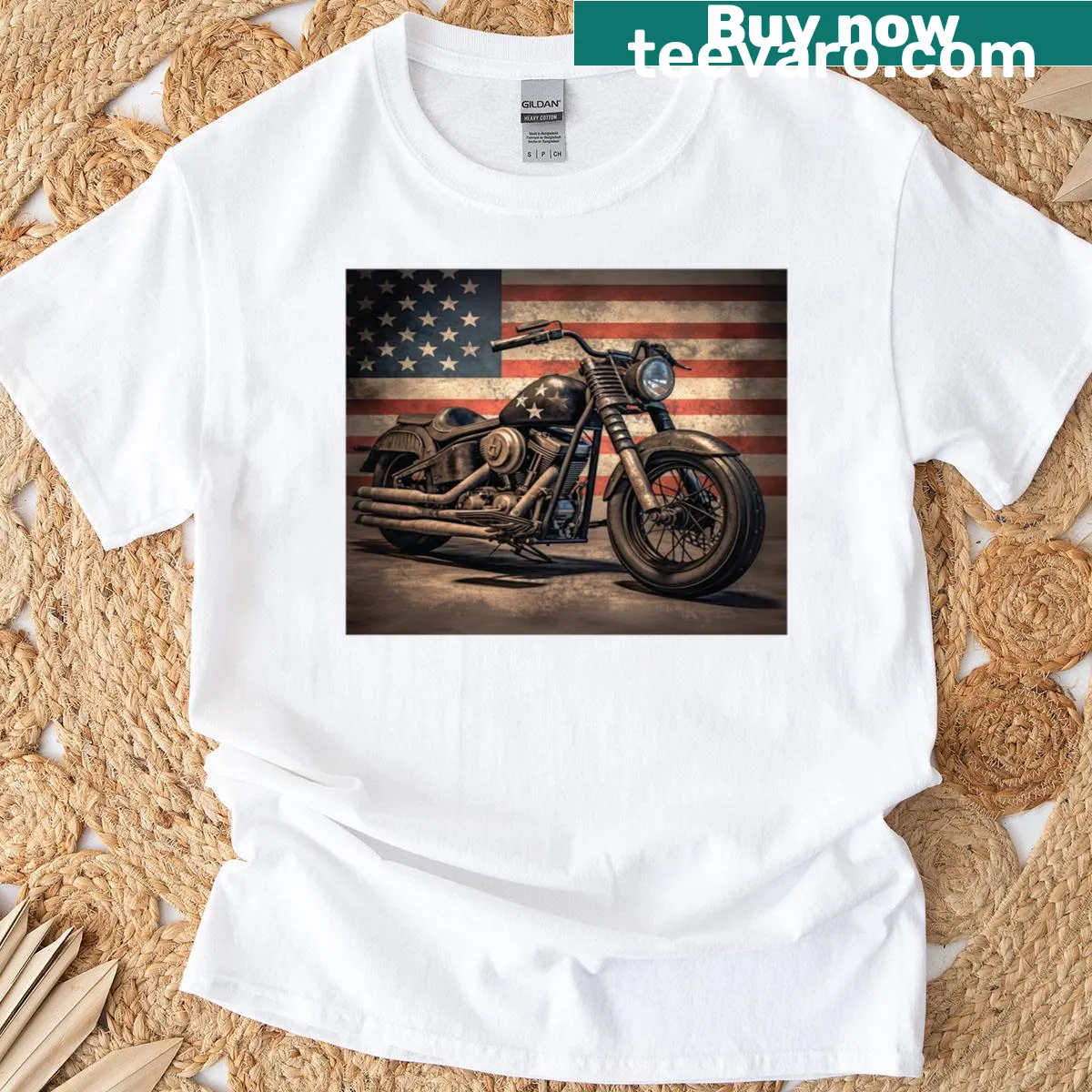 Vintage-distressed T-shirt with a motorcycle and USA flag graphic — on a men's t-shirt
