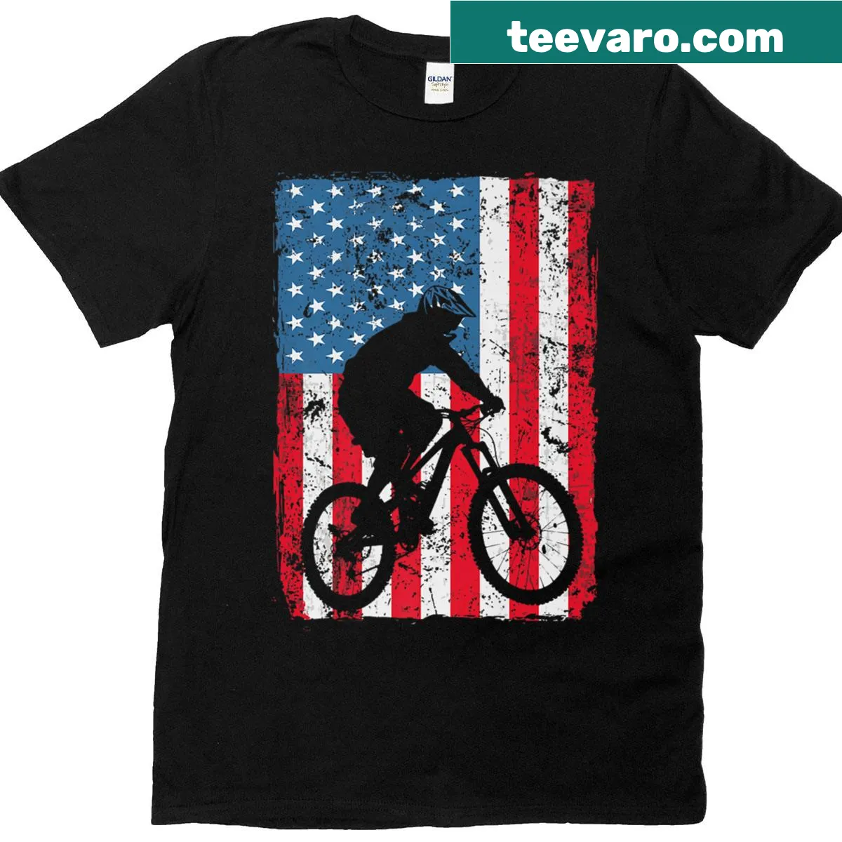 Premium Mountain Biker T-shirt featuring the American flag. — on a men's t-shirt