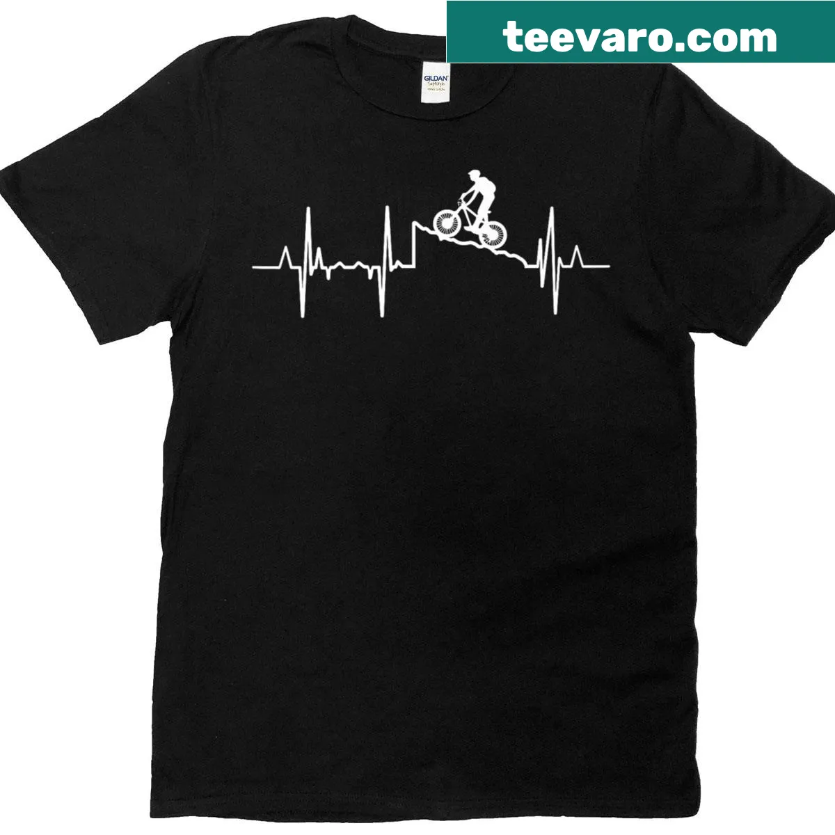 Heartbeat graphic T-shirt for mountain bikers expressing passion. — on a men's t-shirt