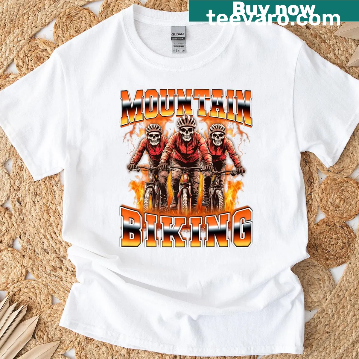 90s style biker t-shirt featuring a skeleton skull design — on a men's t-shirt