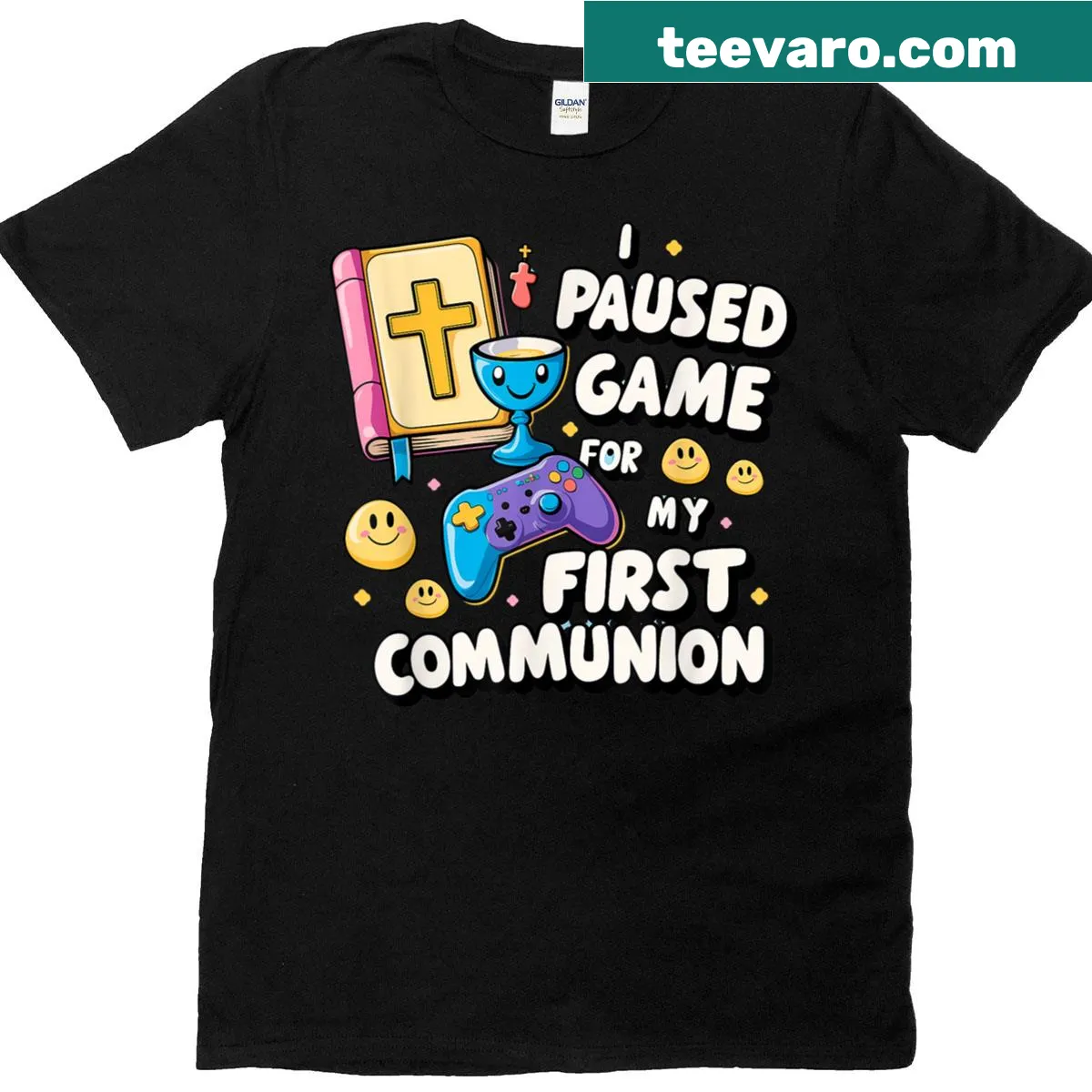 Illustrative T-shirt with a video game controller for First Communion. — on a men's t-shirt
