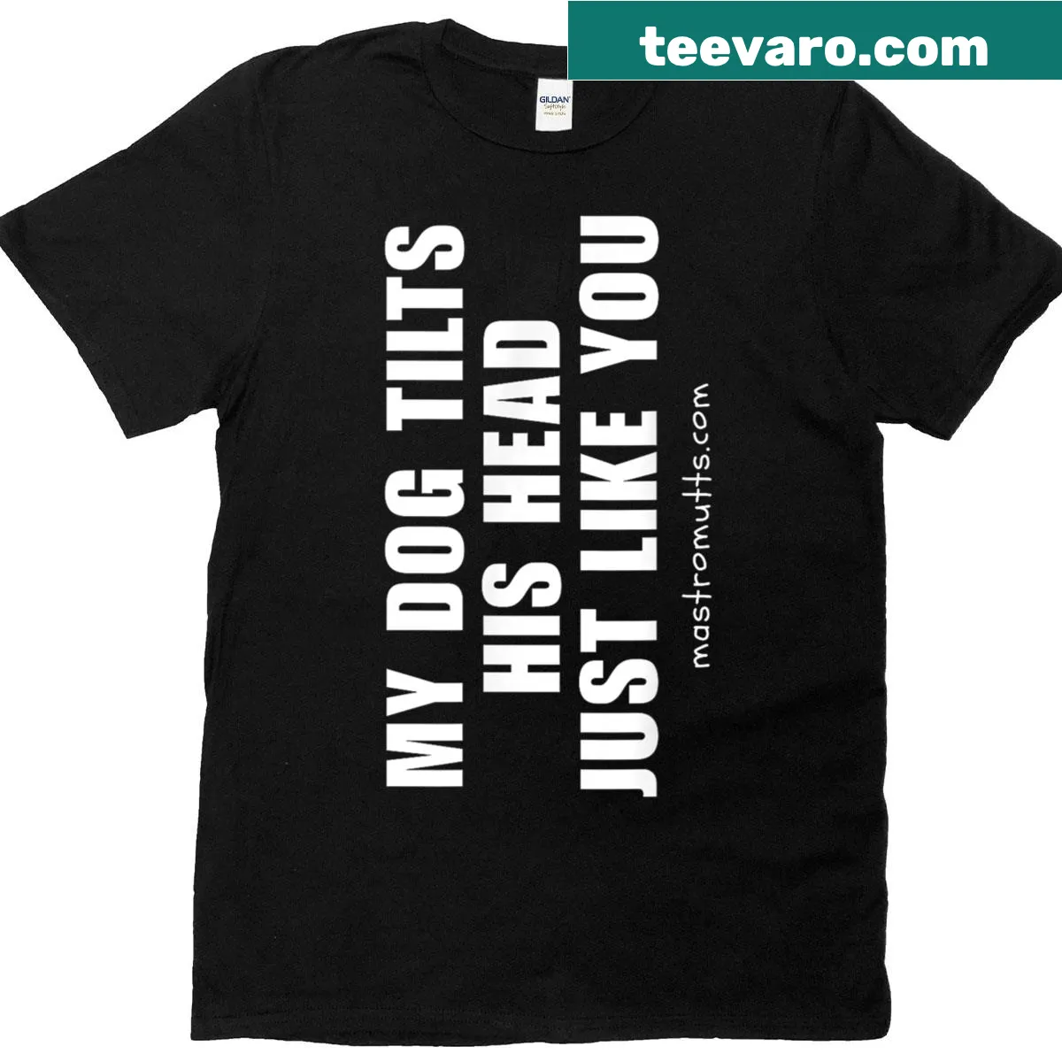 Funny dog-themed t-shirt with graphic of a dog tilting its head — on a men's t-shirt