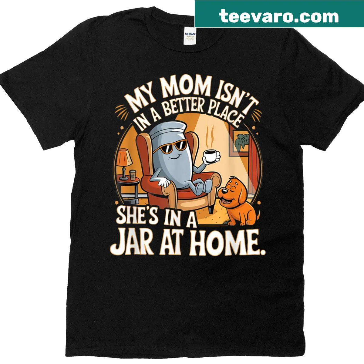 Funny shirt featuring a humorous phrase about mom in a jar. — on a men's t-shirt