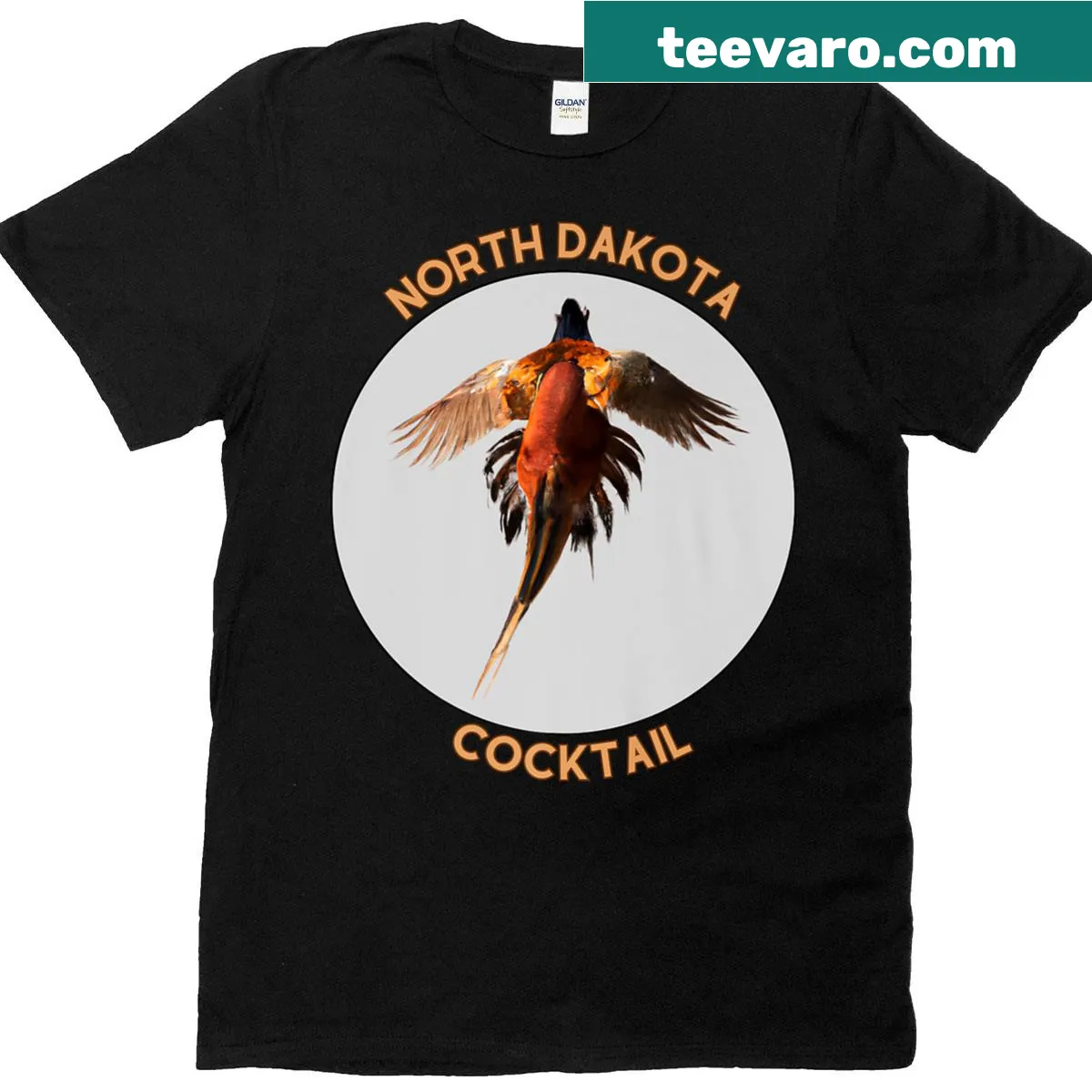 North Dakota-themed T-shirt with a playful cocktail pheasant graphic — on a men's t-shirt