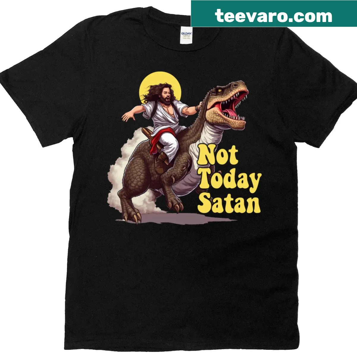 Funny T-shirt with Jesus riding a T-Rex and a witty phrase — on a men's t-shirt