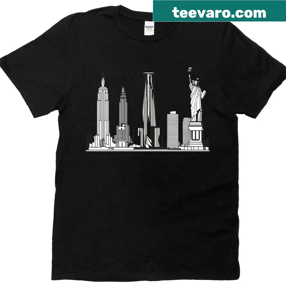Minimal line-art T-shirt featuring the NYC skyline — on a men's t-shirt