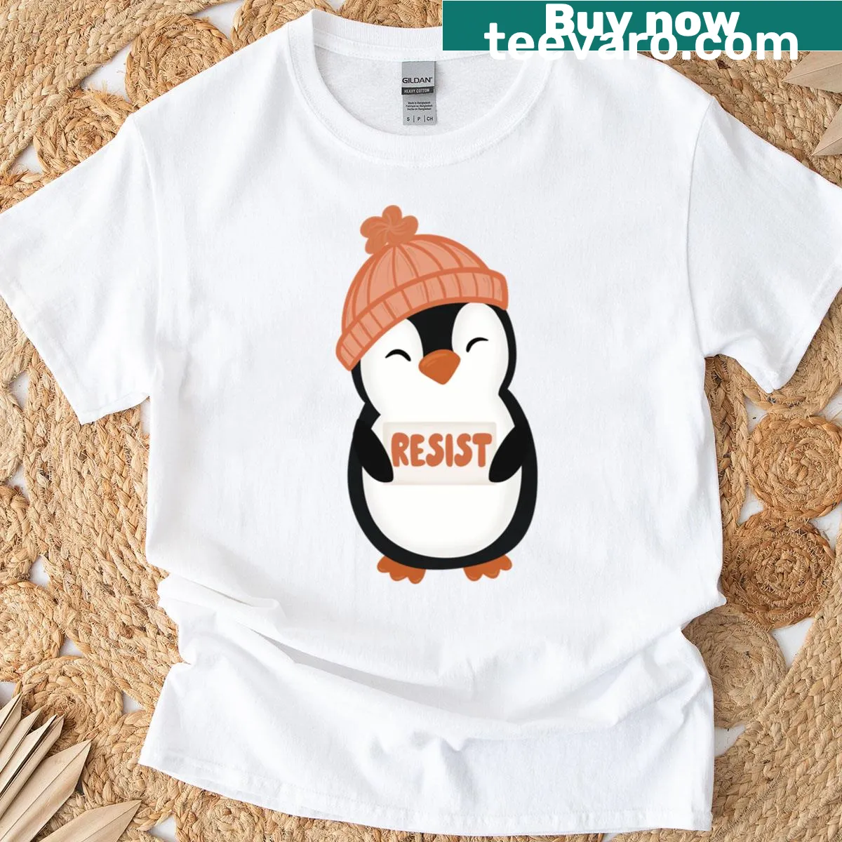 Penguin-themed T-shirt featuring a message of protest and resistance — on a men's t-shirt
