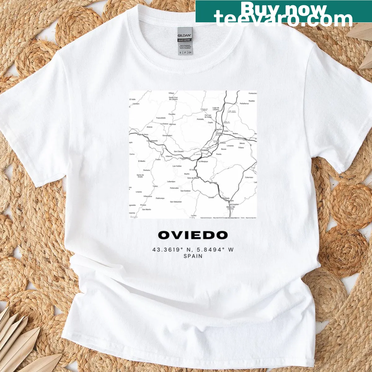 Minimalist Oviedo Spain map T-shirt in black and white — on a men's t-shirt