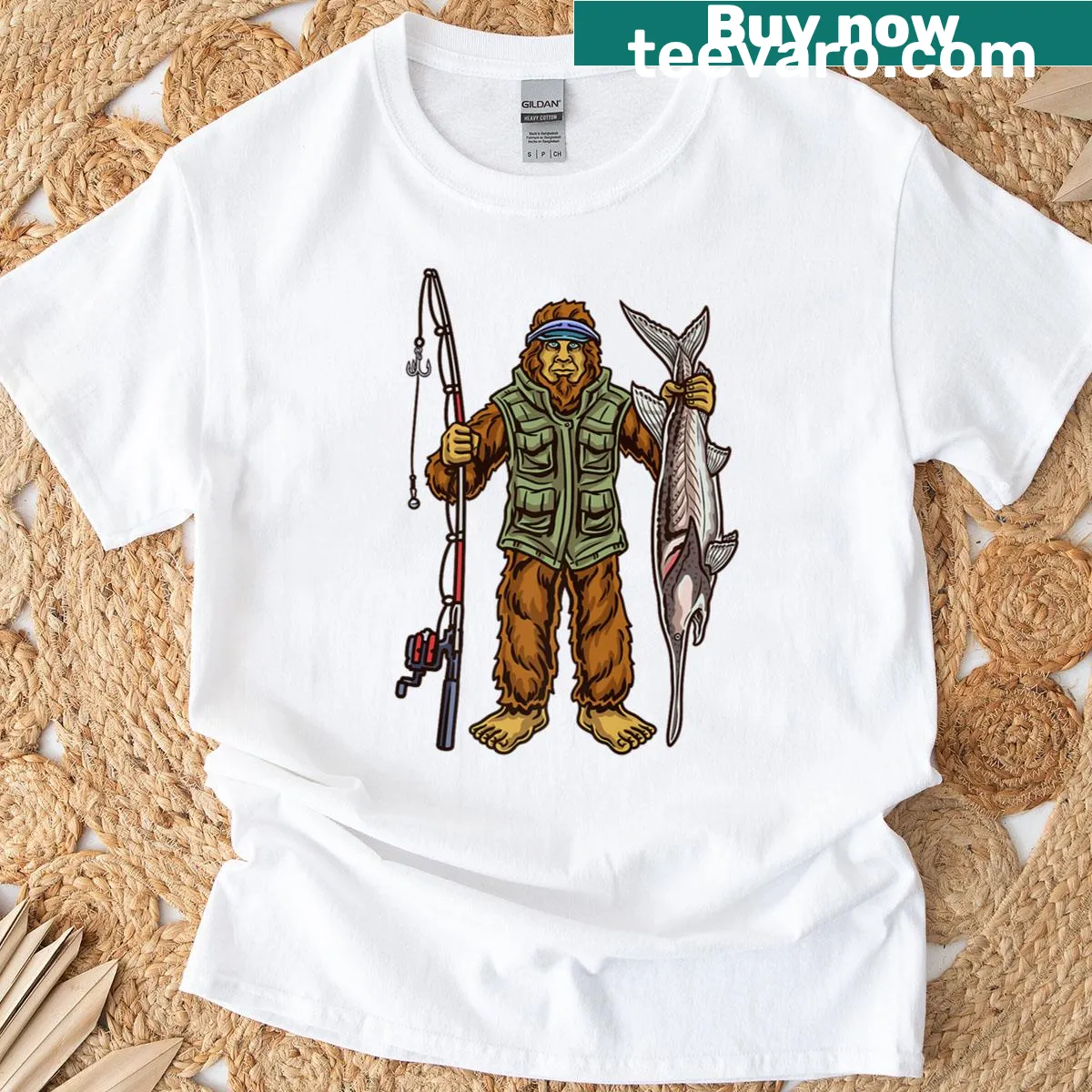 Cartoon design of fishermen hunting for Bigfoot and paddlefish — on a men's t-shirt