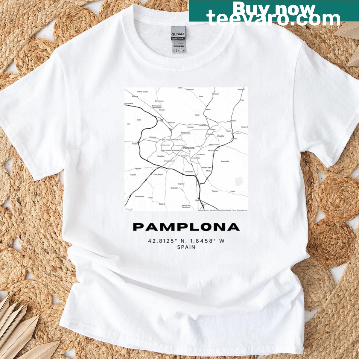 Minimalist Pamplona Spain map T-shirt in black and white — on a men's t-shirt