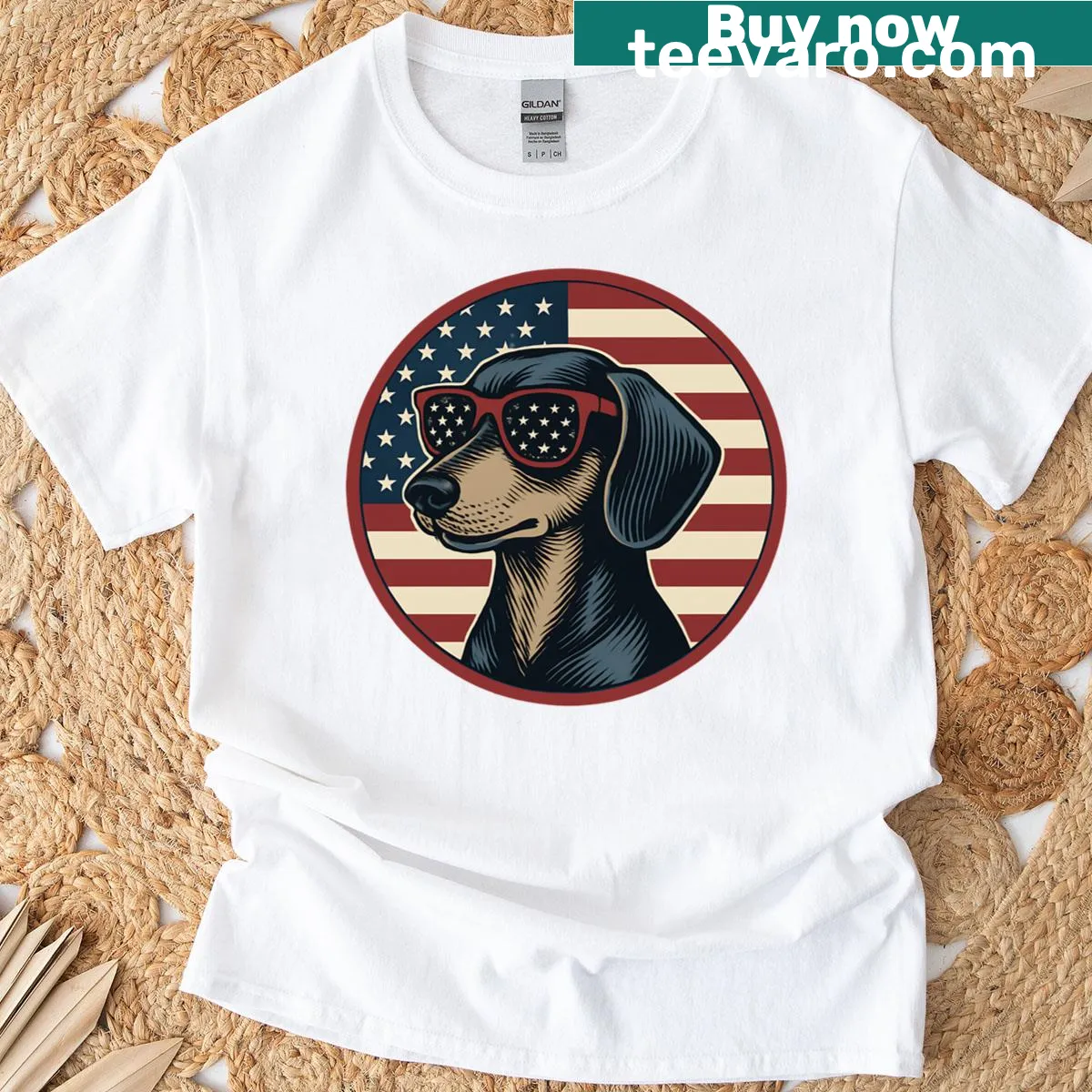 Vintage T-shirt featuring a dachshund with sunglasses and the USA flag — on a men's t-shirt