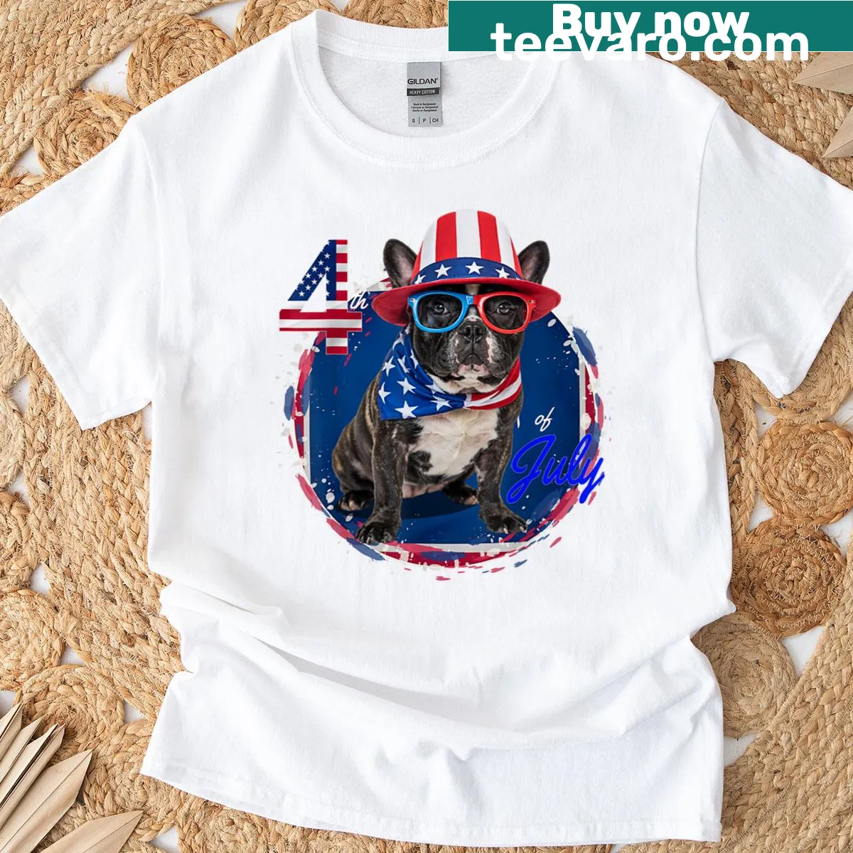 Illustrated French bulldog dressed for the 4th of July — on a men's t-shirt