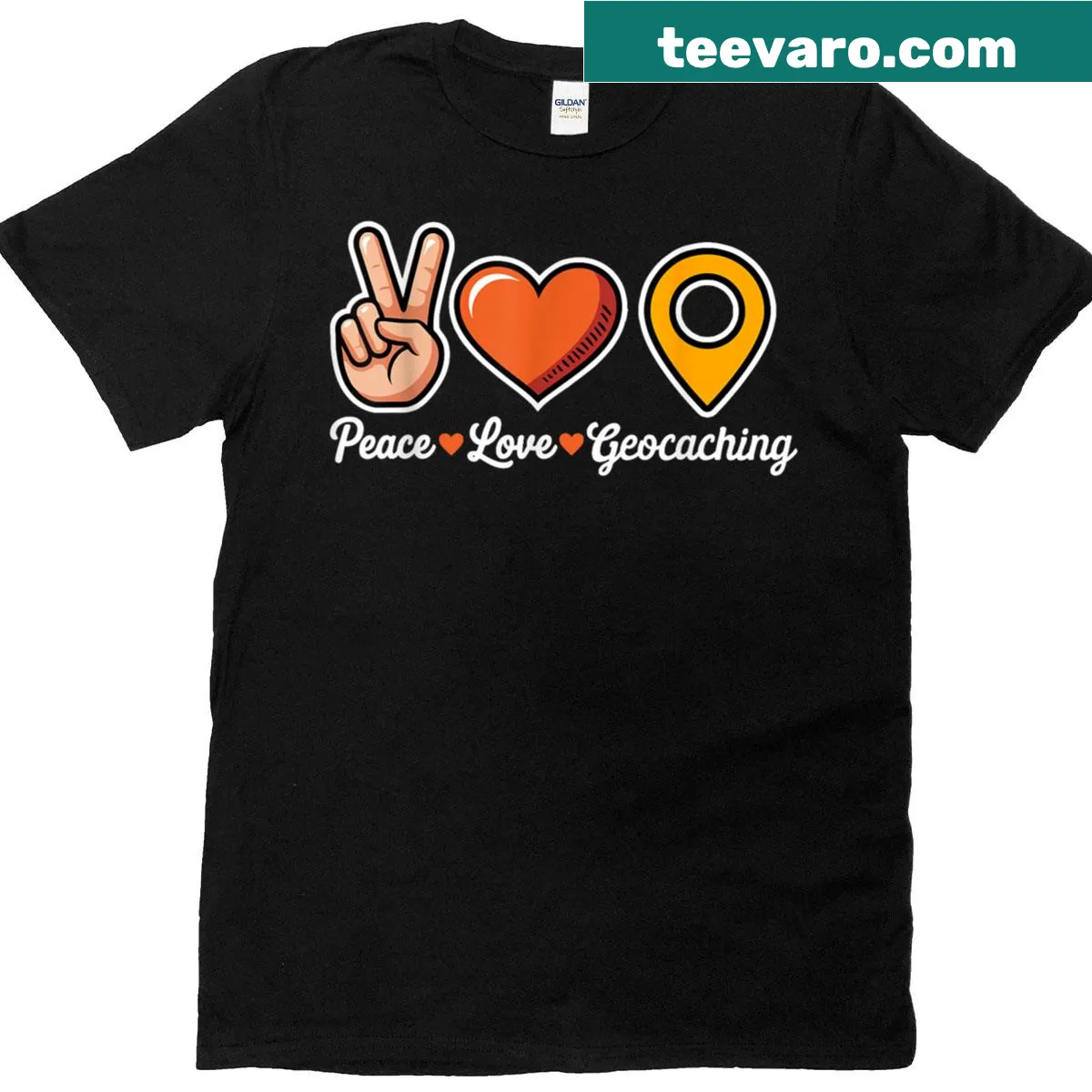 T-shirt with 'Peace Love Geocaching' humorous design for treasure hunters — on a men's t-shirt