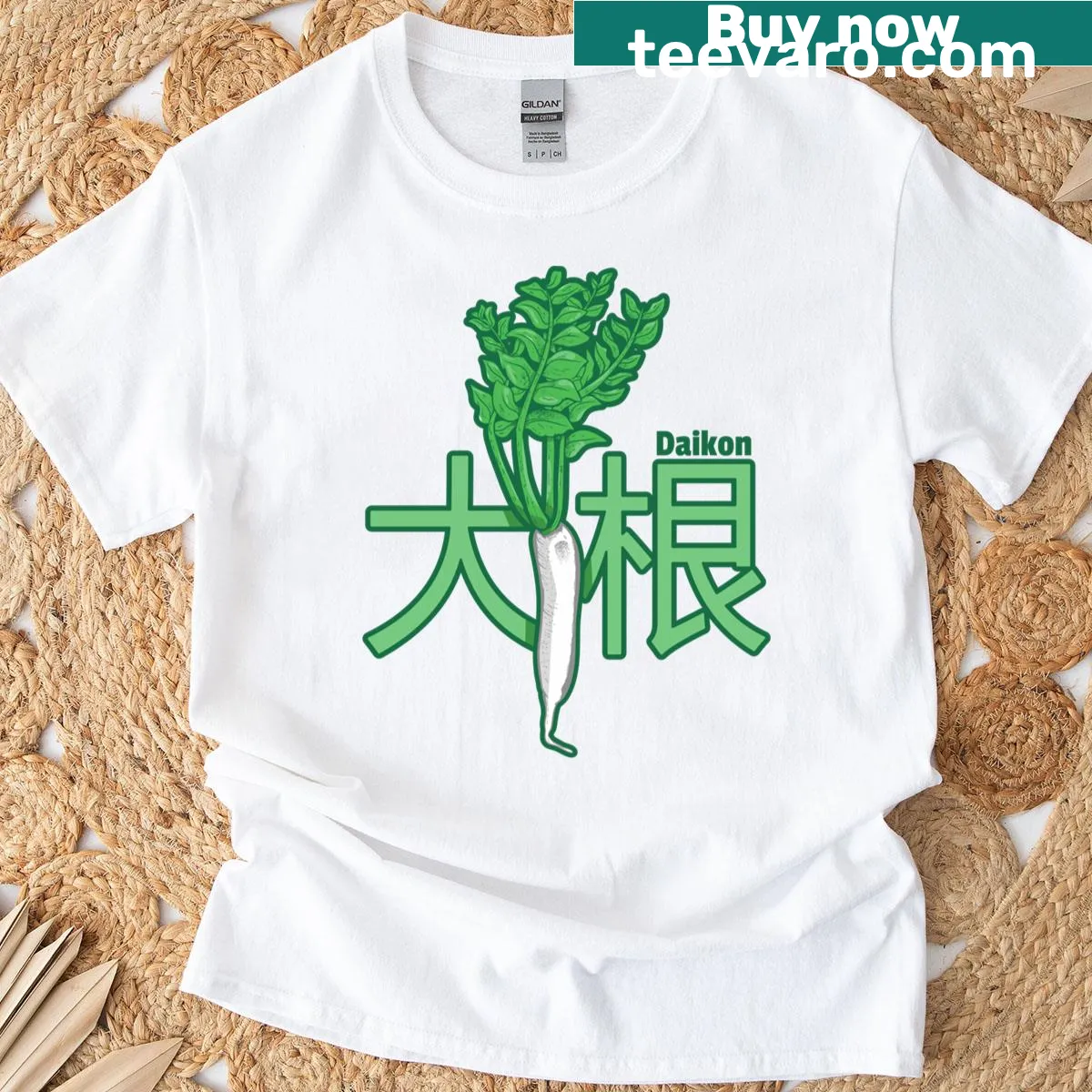 T-shirt featuring Japanese kanji for 'Raddish' and 'Daikon' — on a men's t-shirt