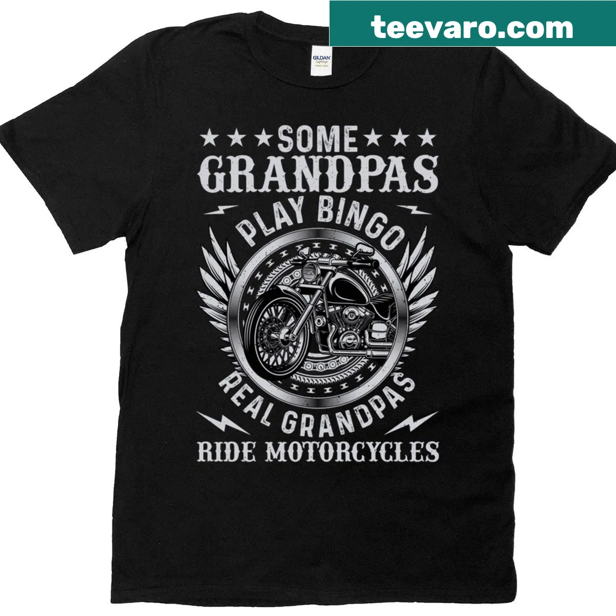 Funny typography t-shirt stating 'Real Grandpas Ride Motorcycles' — on a men's t-shirt