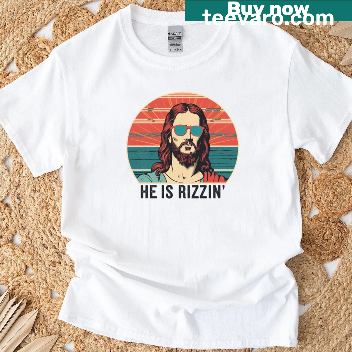 Retro T-shirt with the phrase 'Jesus He Is Rizzin' — on a men's t-shirt