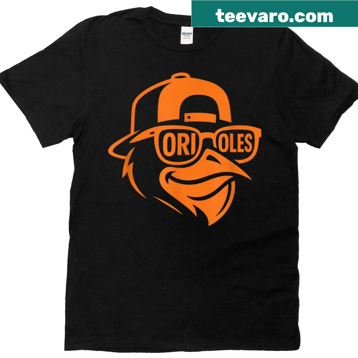Personalized T-shirt with oriole design and last name — on a men's t-shirt