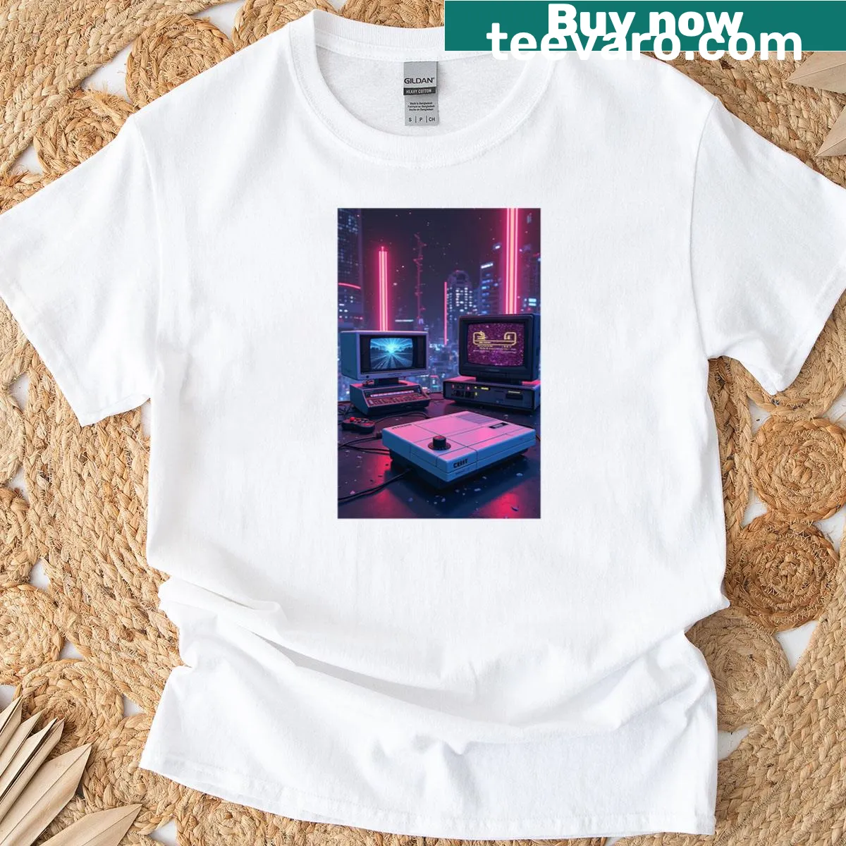 T-shirt featuring retro video game graphics — on a men's t-shirt