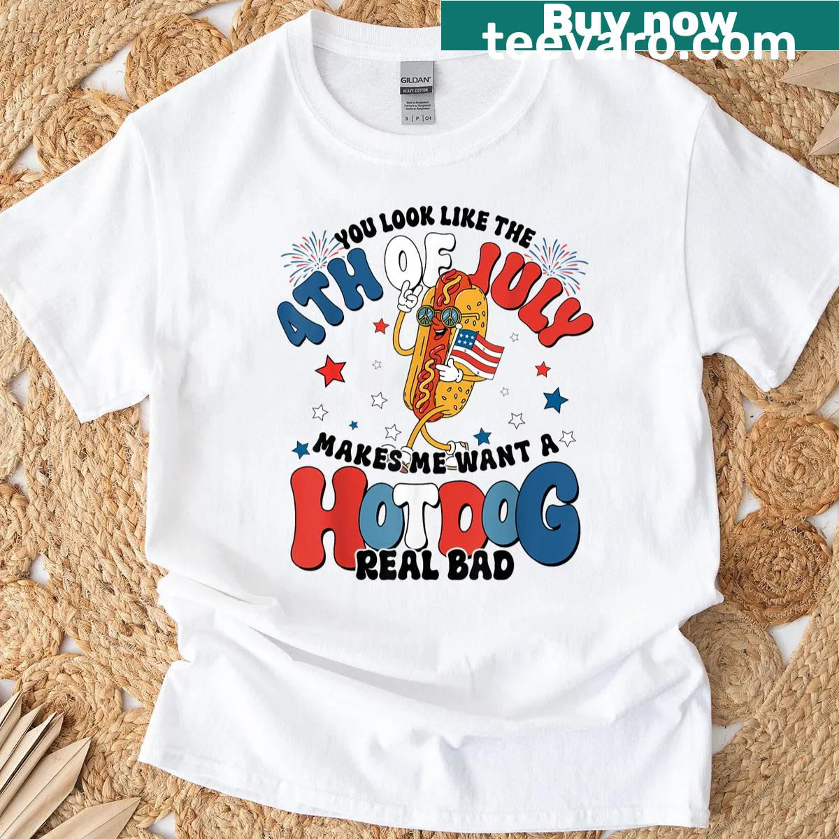 Retro humorous 4th of July shirt with hot dog graphic — on a men's t-shirt