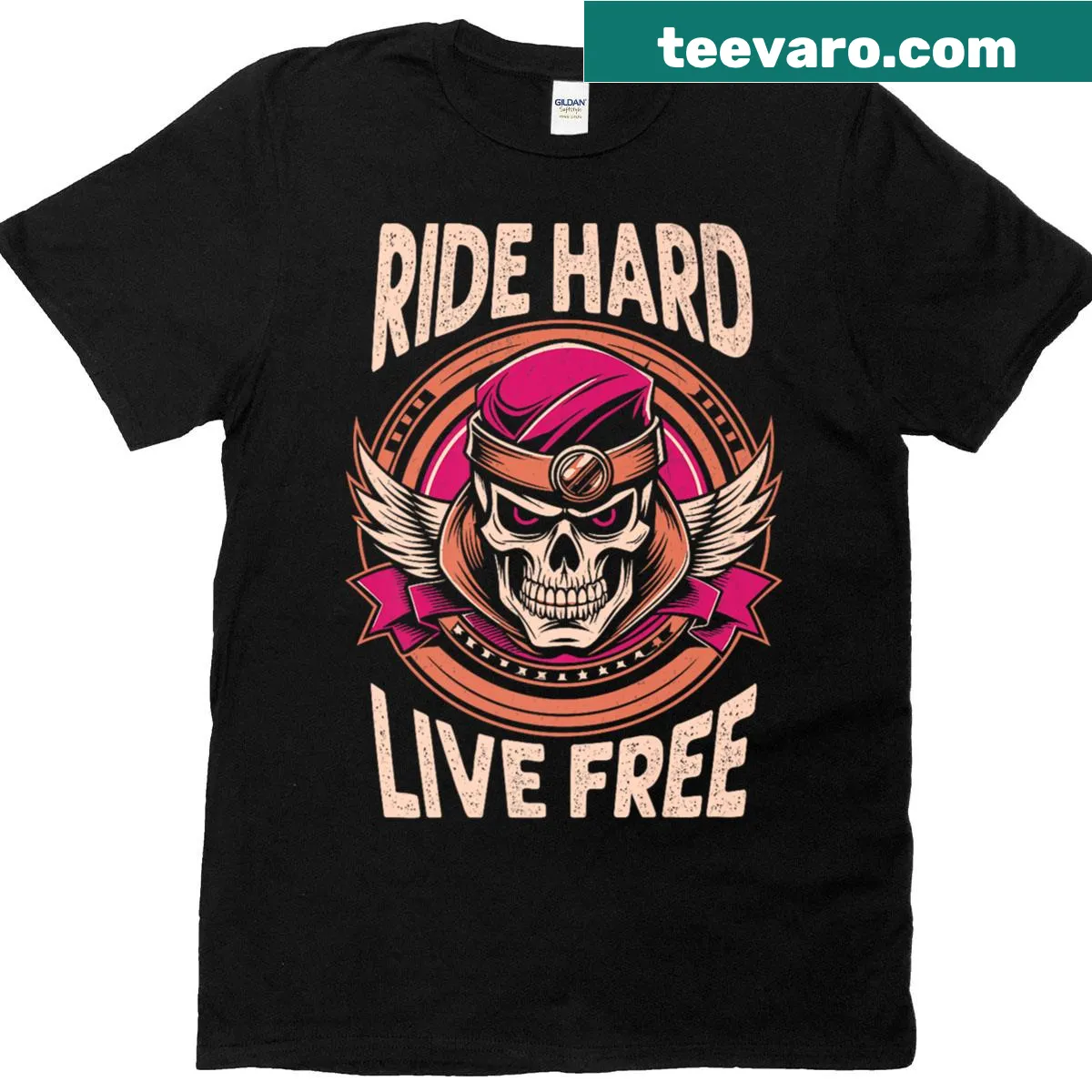 Bold skull graphic on a motorcycle-themed T-shirt — on a men's t-shirt