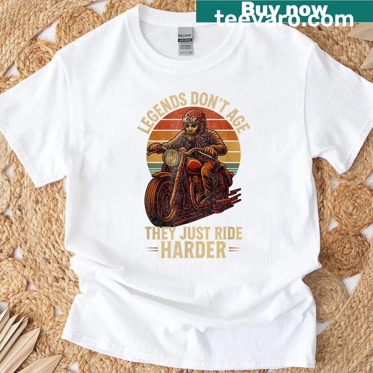 Biker t-shirt with 'Legends Don't Age, They Just Ride Harder' text — on a men's t-shirt